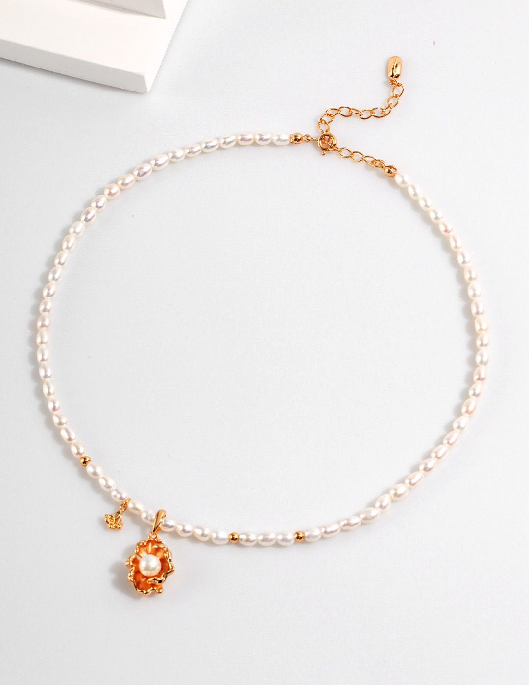 Delicate chain necklace with natural seashells and freshwater pearls