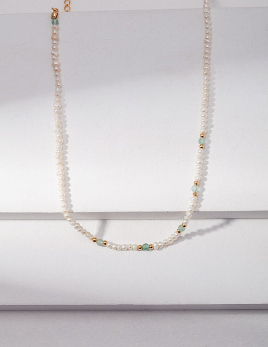 Beachy Beaded Pearl and Quartz Necklace on a white background